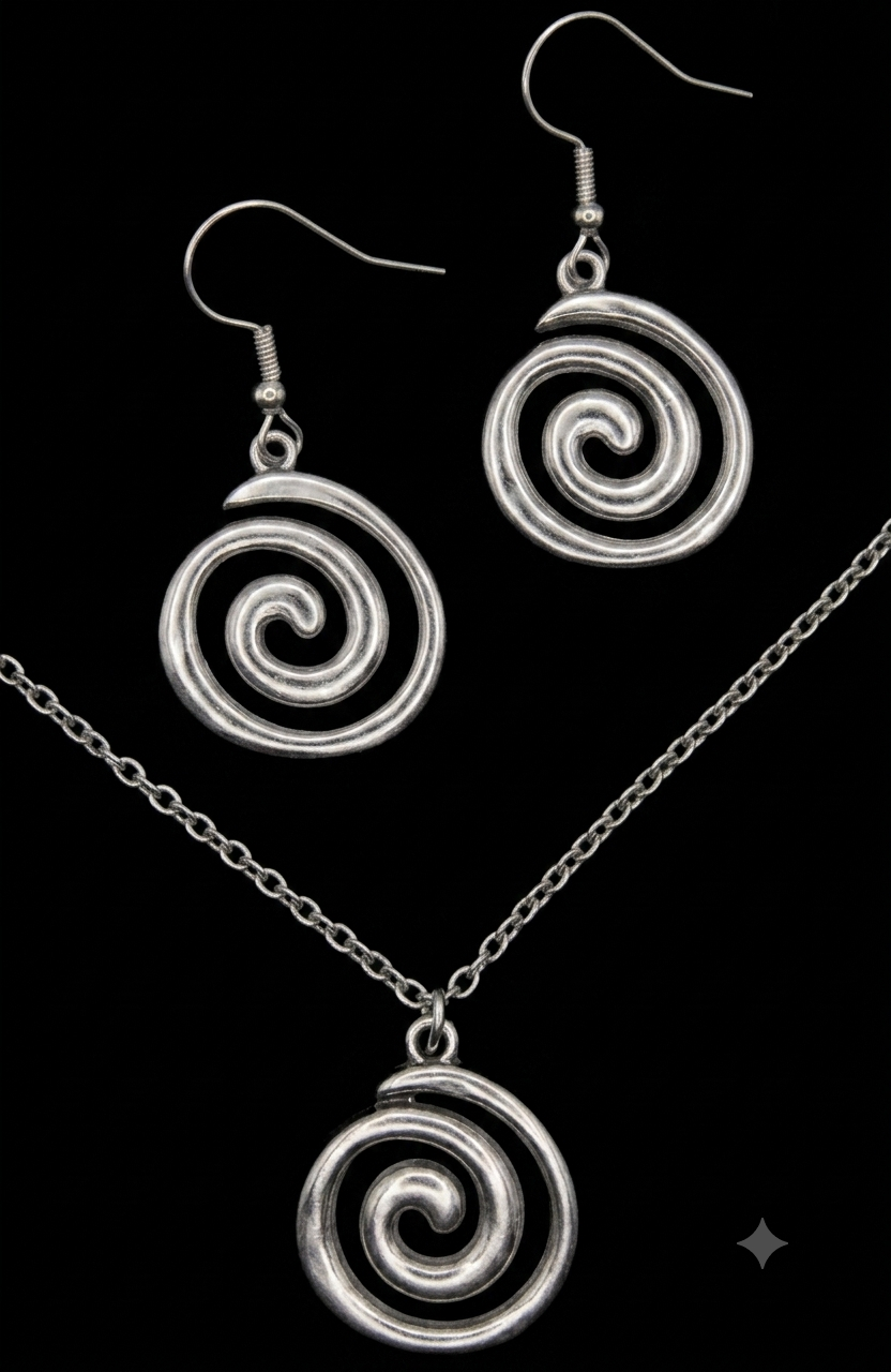 Schmuckset Spirale Edelstahl Kette und Ohrringe auf schwarzem Hintergrund