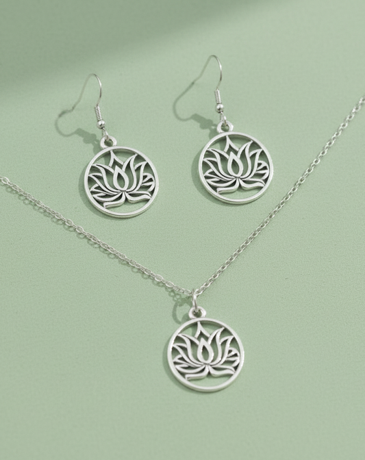Schmuckset Lotusblume – Kette & Ohrringe Edelstahl silber