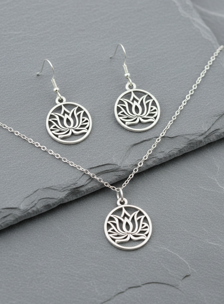 Schmuckset Lotusblume – Kette & Ohrringe Edelstahl silber
