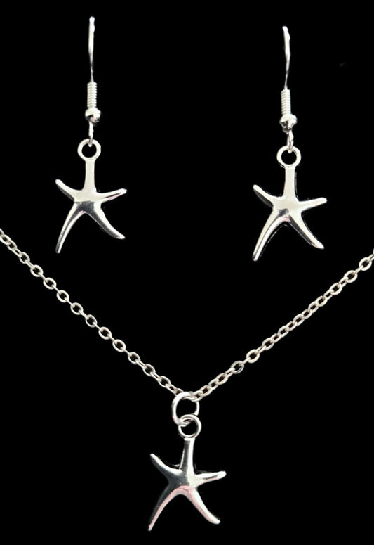 Schmuckset Seestern Edelstahl Kette und Ohrringe silber auf schwarzem Hintergrund