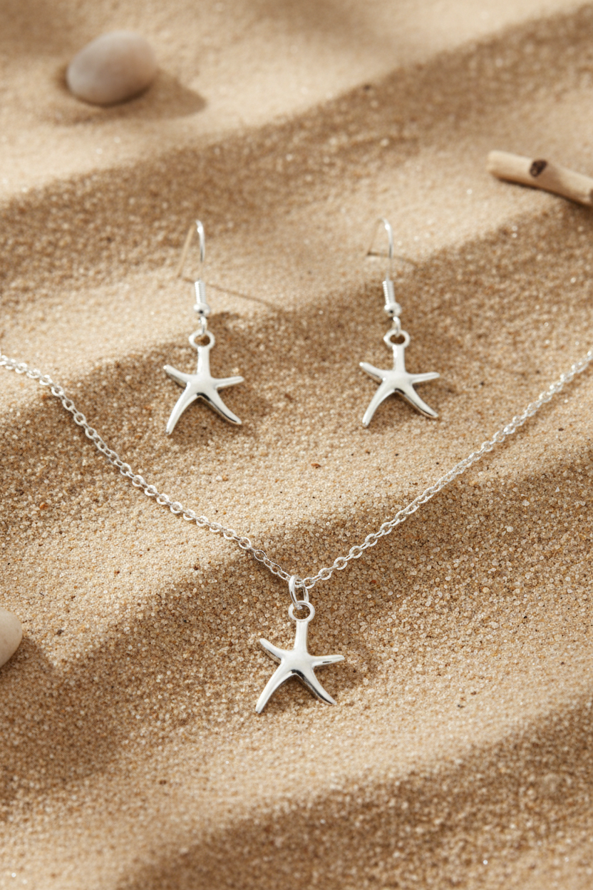 Schmuckset Seestern – Kette & Ohrringe Edelstahl silber