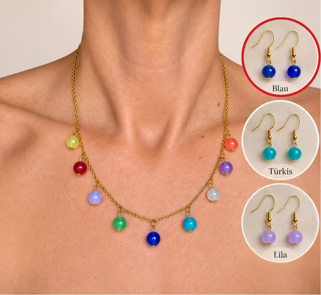 Schmuckset bunte Glasperlen Charm-Kette goldfarben handgefertigt