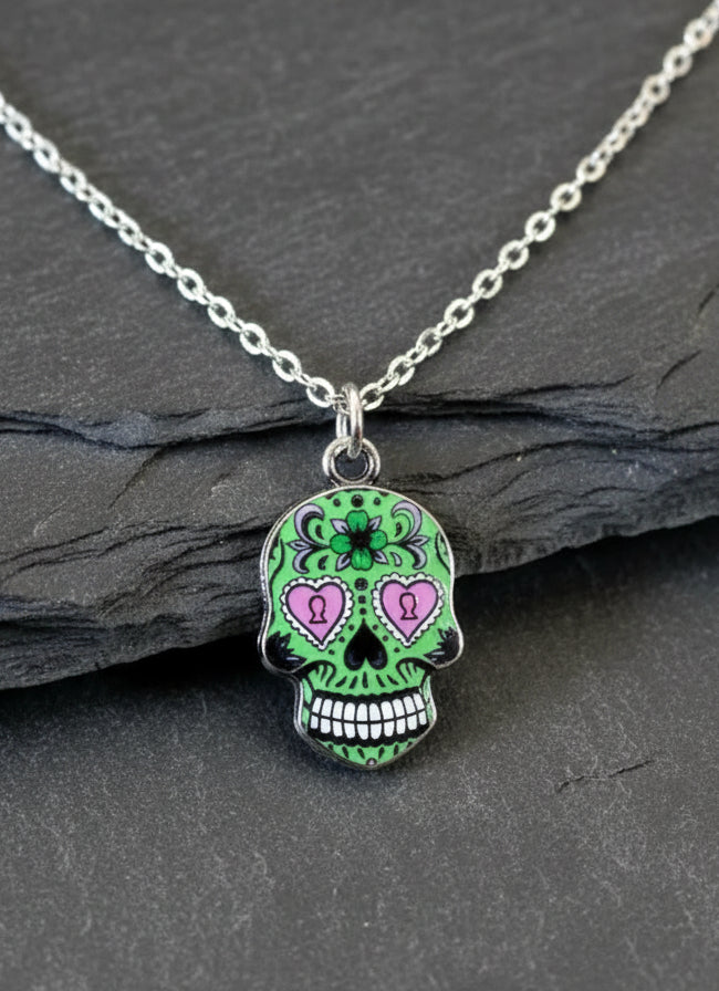 Halskette Sugar Skull grün silberfarben