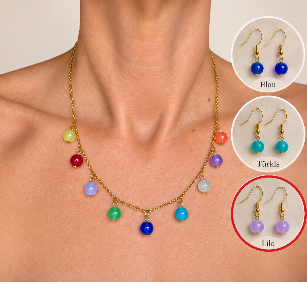 Schmuckset bunte Glasperlen Charm-Kette goldfarben handgefertigt