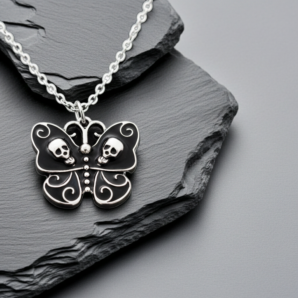 Halskette Schmetterling Totenkopf – Edelstahl silber, 2 Varianten