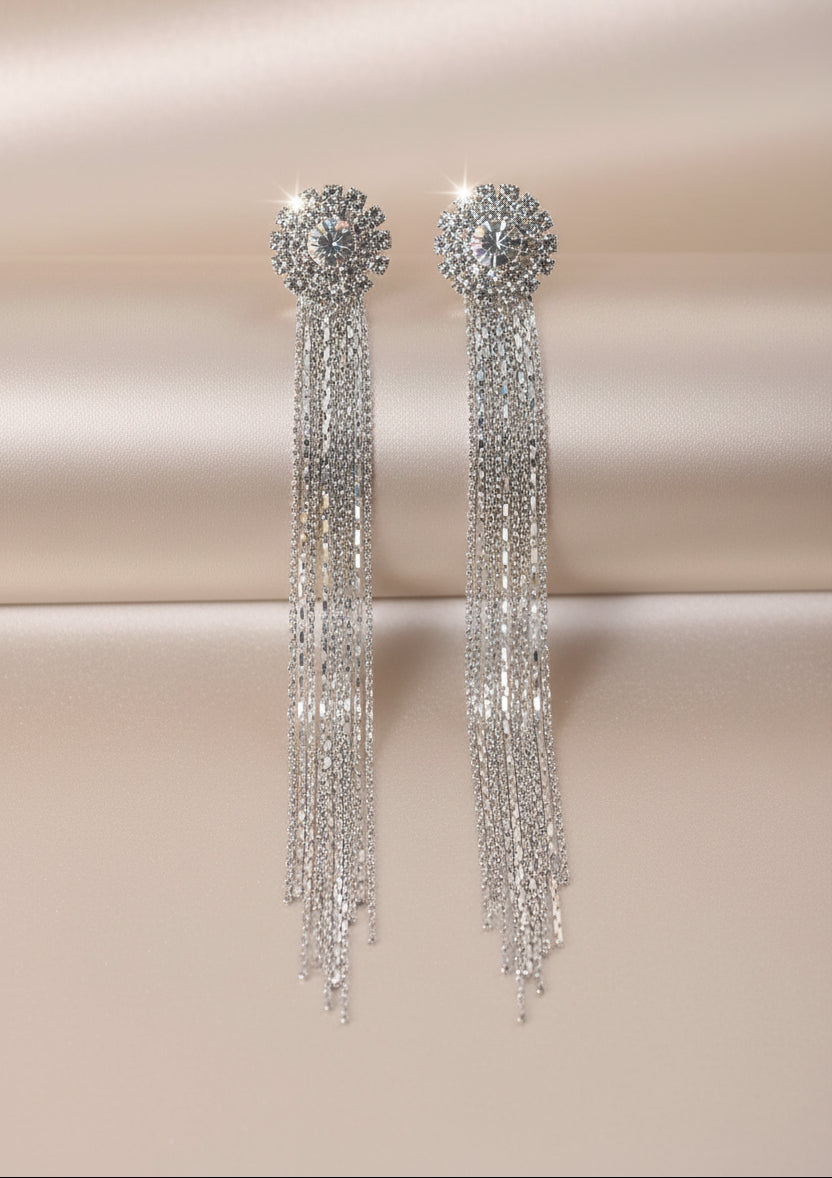 Strass Quasten Ohrstecker silberfarben lang
