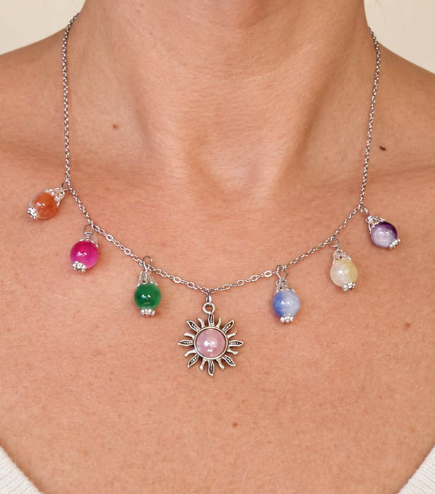 Charm-Kette Sonne bunte Glasperlen silberfarben handgefertigt