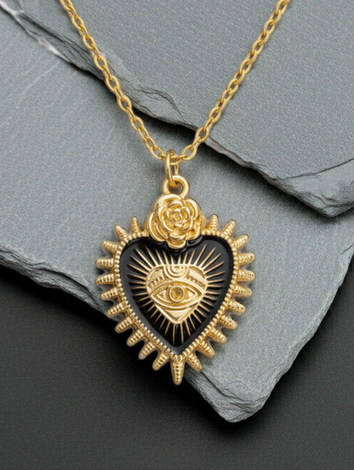 Halskette Sacred Heart Rose & All-Seeing Eye – Edelstahl goldfarben