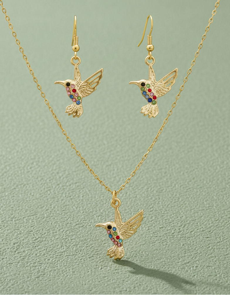 Schmuckset Kolibri mit Strasssteinen gold- oder silberfarben
