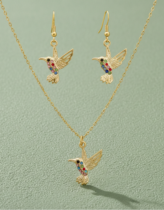 Schmuckset Kolibri mit Strasssteinen gold- oder silberfarben