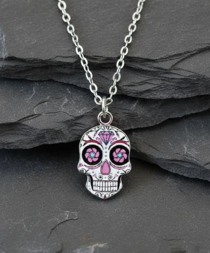 Halskette Sugar Skull pink silberfarben