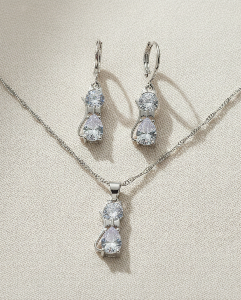 Schmuckset Katze 925 Silber Zirkonia