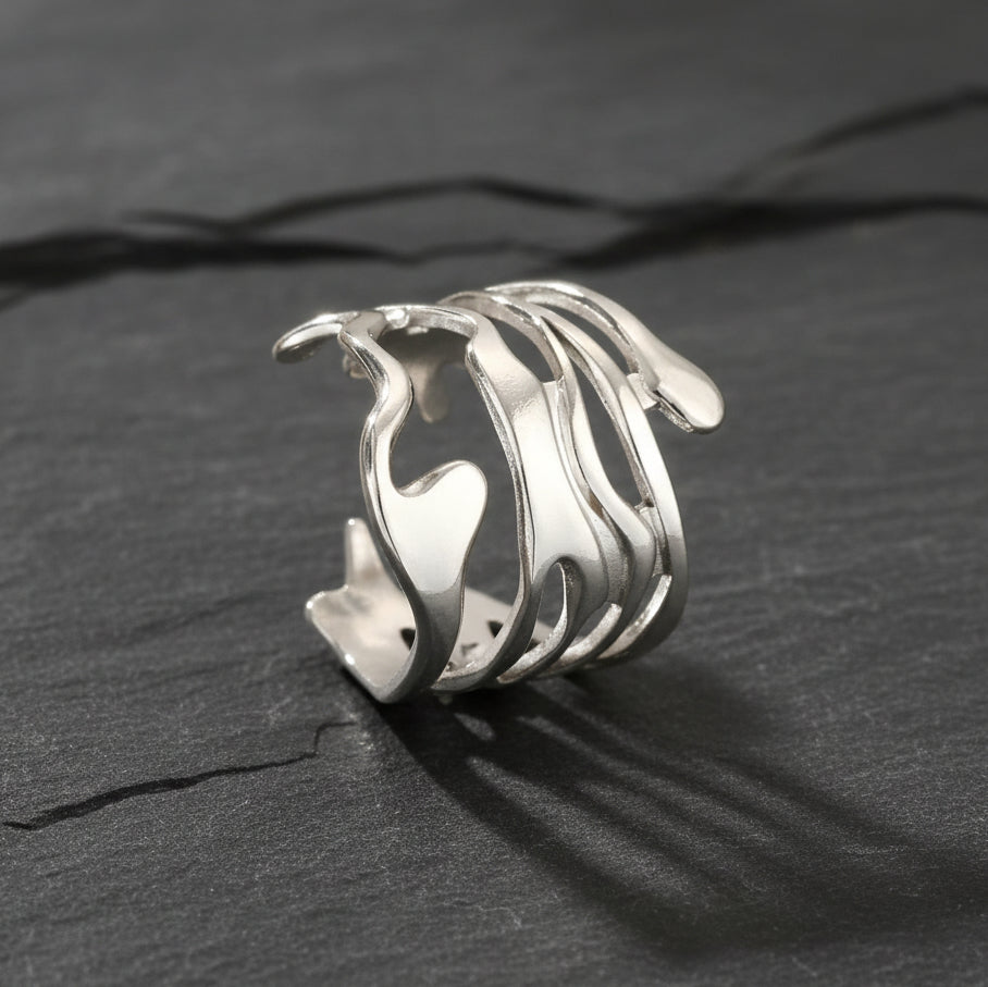 Wellen Ring Edelstahl silberfarben größenverstellbar