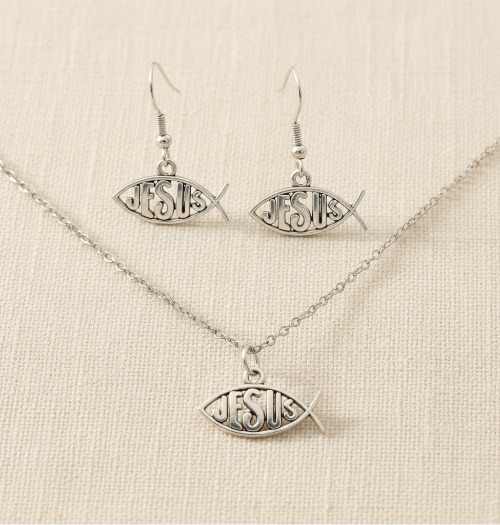 Schmuckset Jesus Fisch silberfarben
