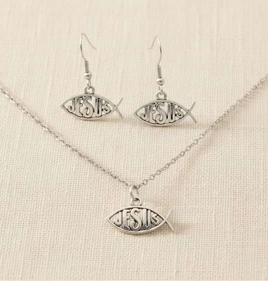 Schmuckset Jesus Fisch silberfarben