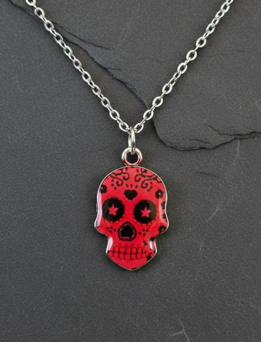 Halskette Sugar Skull rot silberfarben