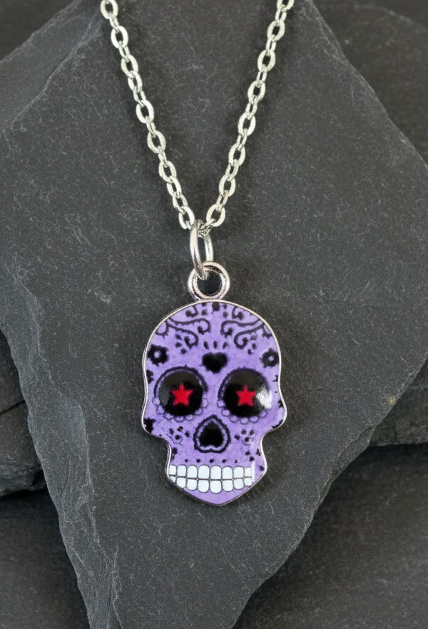 Halskette Sugar Skull lila silberfarben