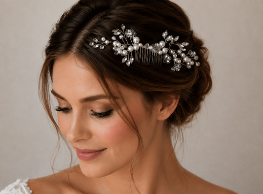 Brautschmuck Haarkamm mit Perlen und Kristallblüten