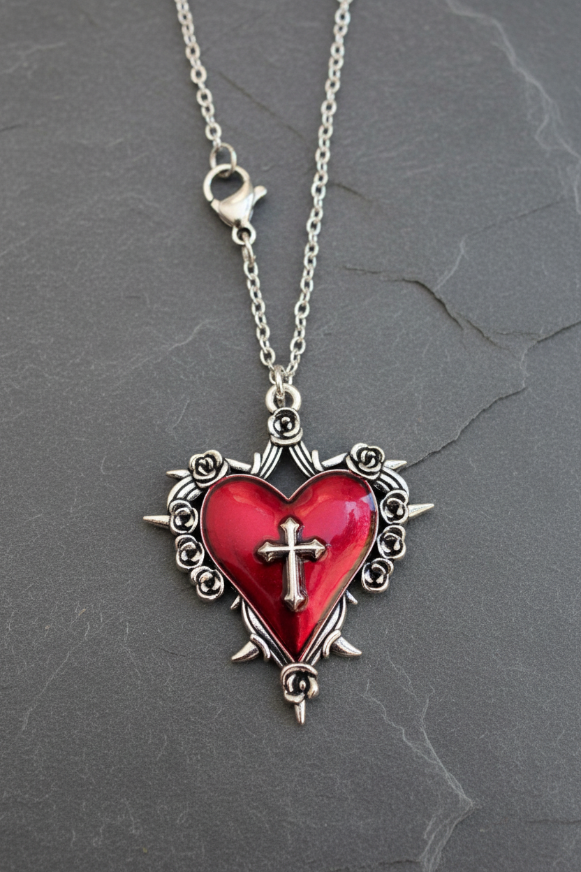 Halskette Sacred Heart Kreuz Rosen Gothic silber- oder goldfarben