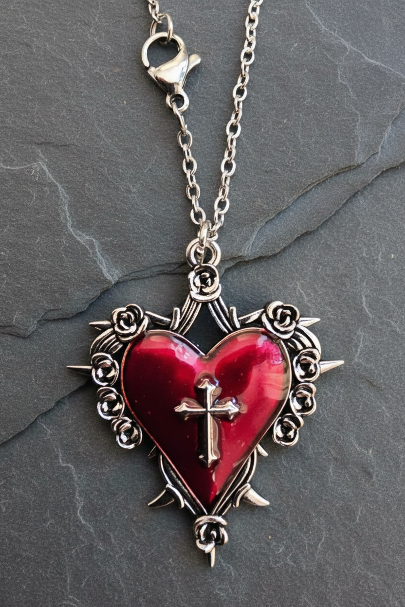 Halskette Sacred Heart Kreuz Rosen Gothic silber- oder goldfarben