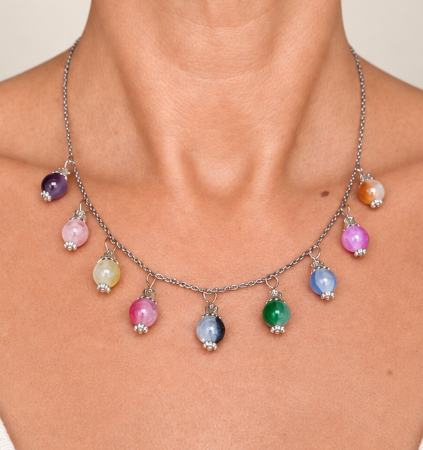 Charm-Kette 9 bunte Glasperlen silberfarben handgefertigt