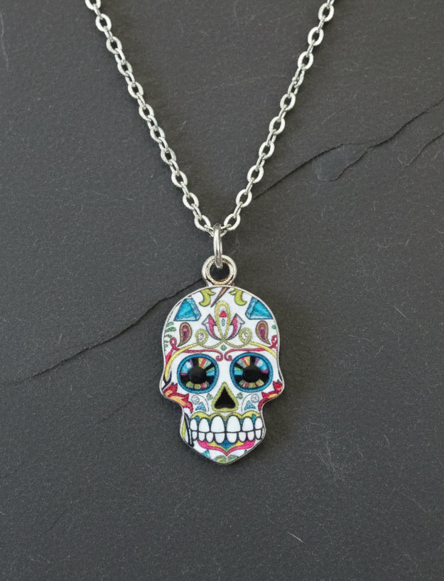 Halskette Sugar Skull bunt silberfarben