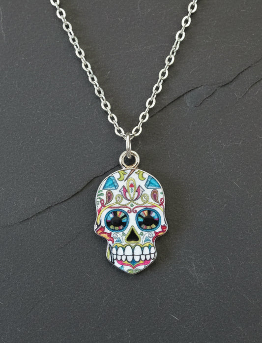 Halskette Sugar Skull bunt silberfarben