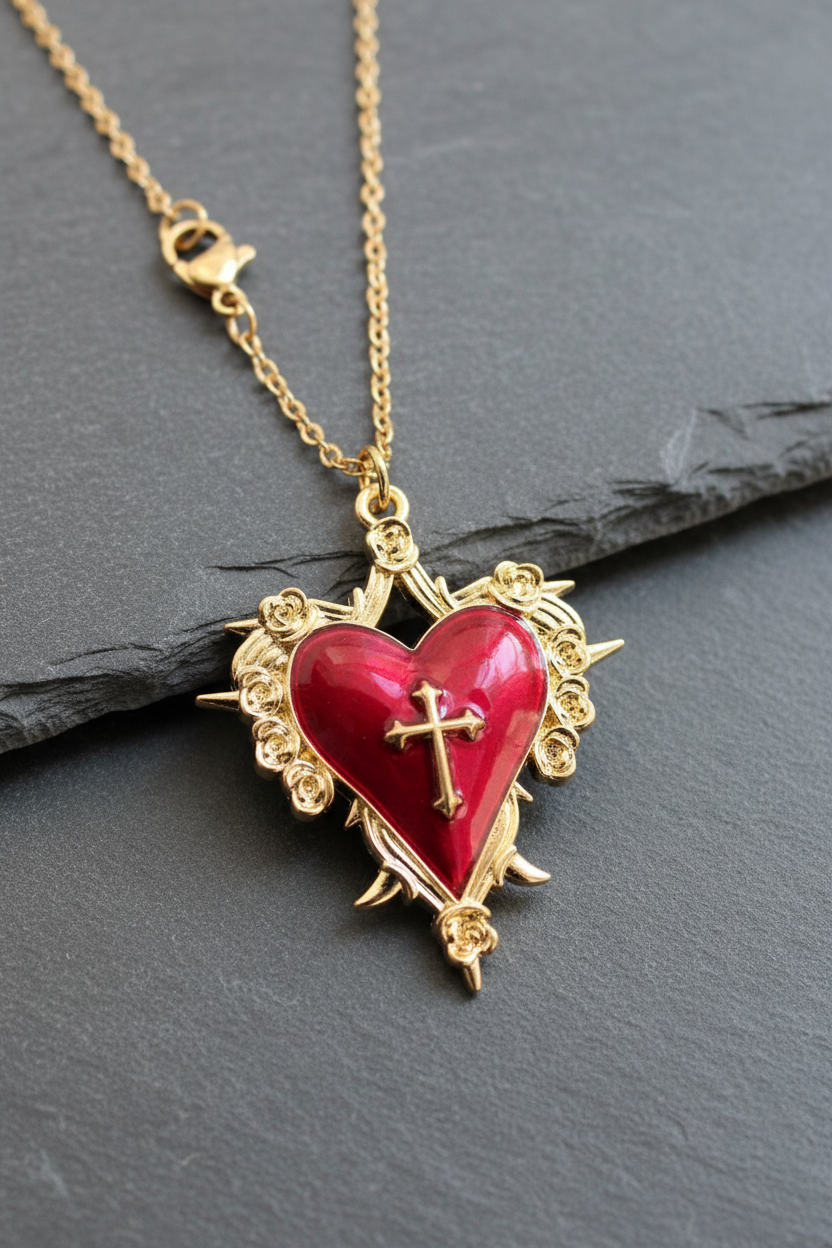 Halskette Sacred Heart Kreuz Rosen Gothic silber- oder goldfarben