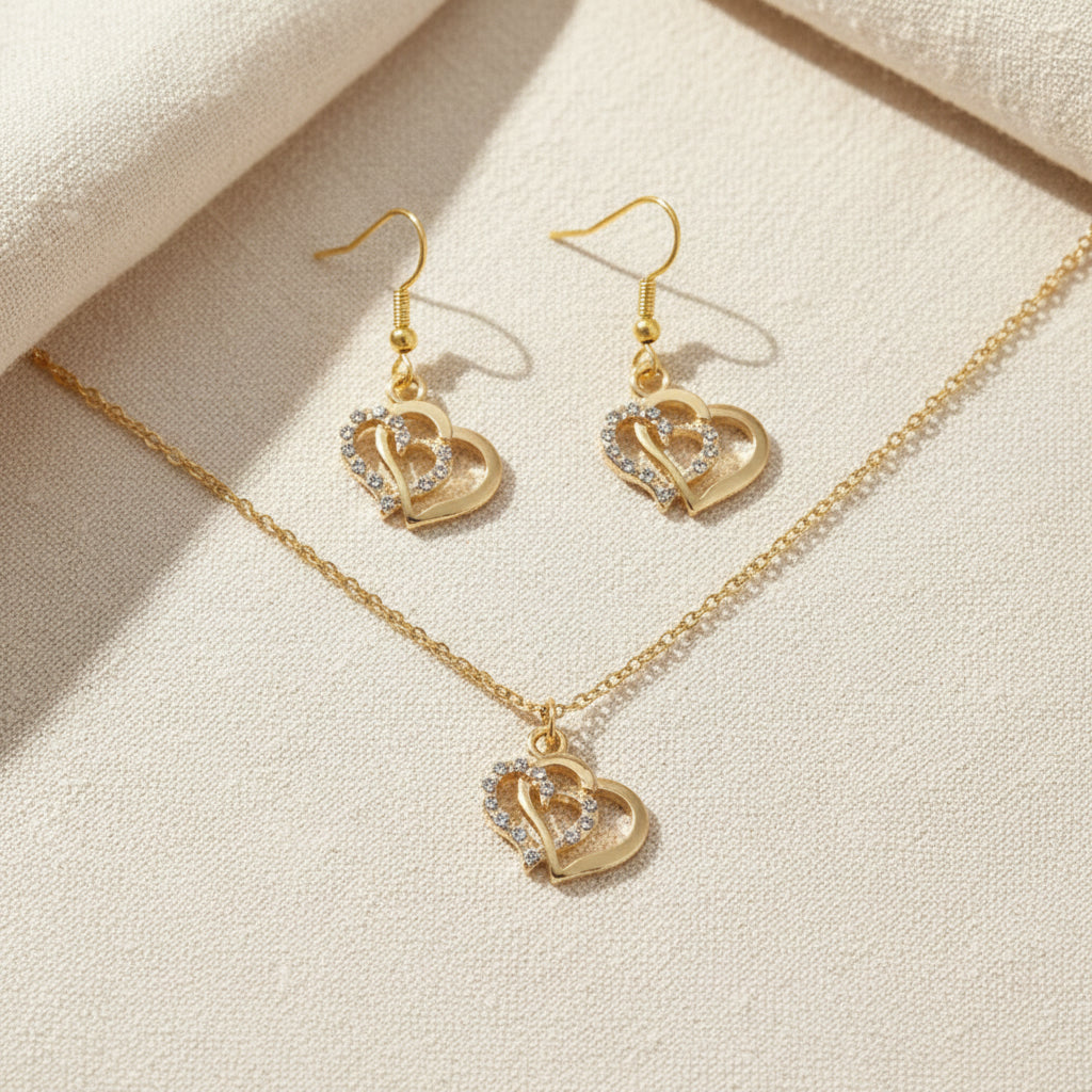 Schmuckset Doppelherz Strasssteine goldfarben