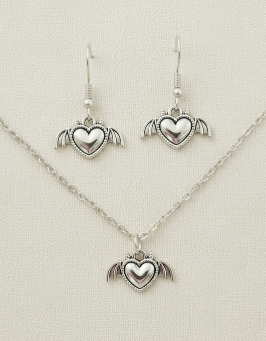 Schmuckset Herz mit Flügeln Gothic silberfarben