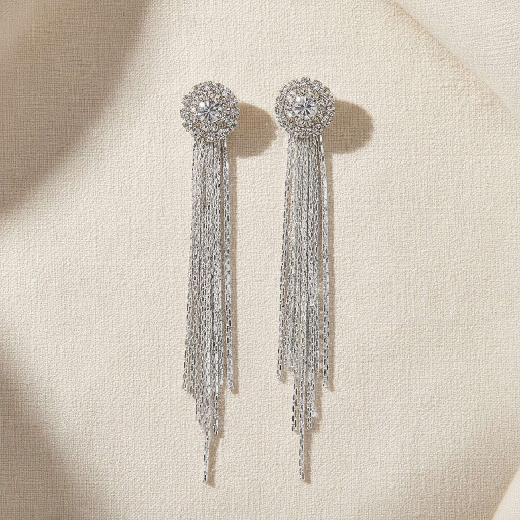 Strass Quasten Ohrstecker silberfarben lang