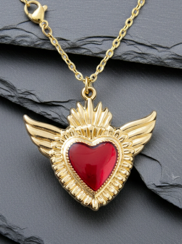 Halskette Sacred Heart mit Flügeln – Edelstahl silber/gold