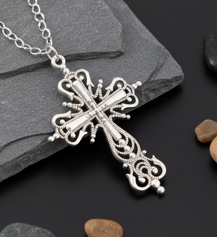 Extravagante Kreuz-Kette silber