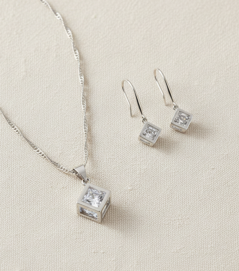 Schmuckset 925 Silber Würfel Zirkonia beweglich