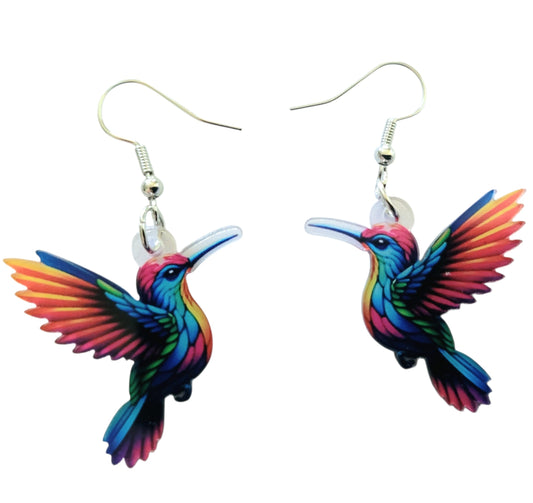 Kolibri Ohrringe bunt – Acryl Anhänger silber