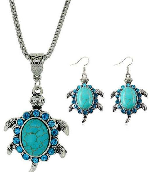 Schmuckset Schildkröte – Kette & Ohrringe türkis Strasssteine