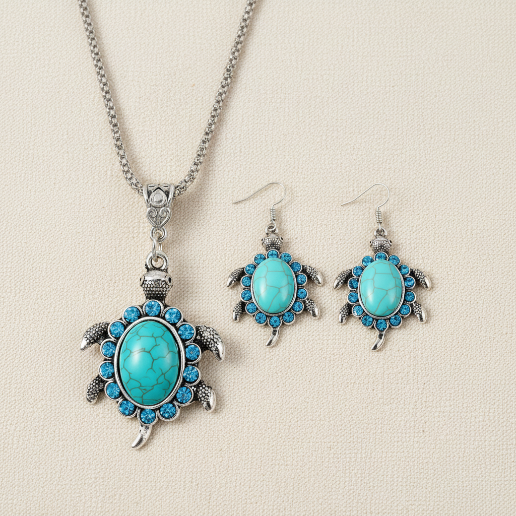 Schmuckset Schildkröte – Kette & Ohrringe türkis Strasssteine