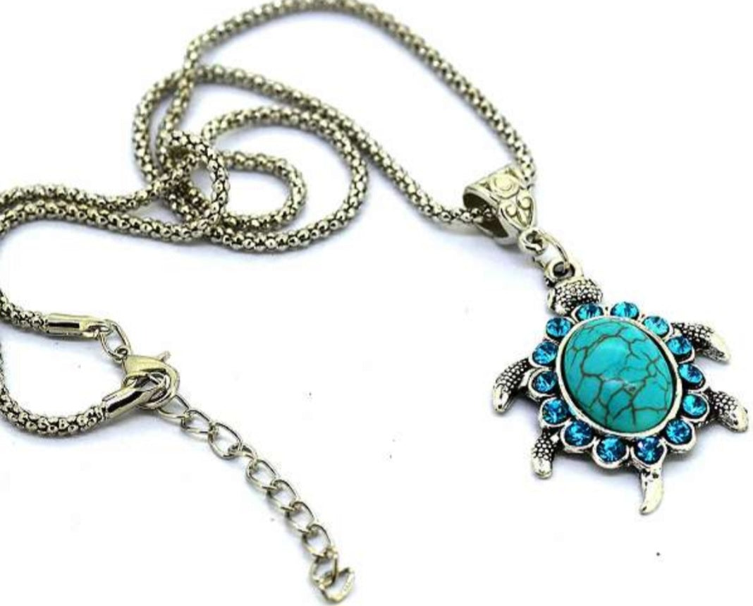 Schmuckset Schildkröte – Kette & Ohrringe türkis Strasssteine