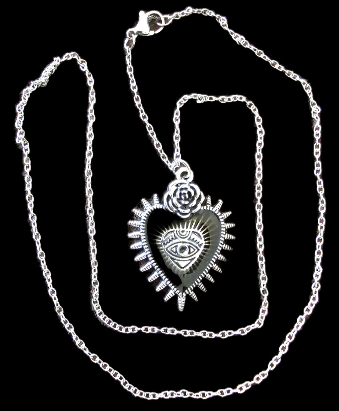 Halskette Sacred Heart mit Rose & All-Seeing Eye – Edelstahl silber