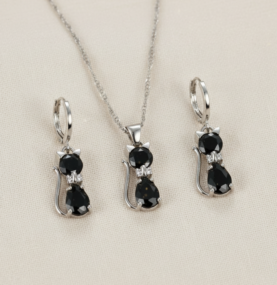 Schmuckset Katze 925 Silber schwarze Zirkonia
