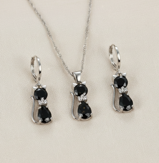 Schmuckset Katze 925 Silber schwarze Zirkonia