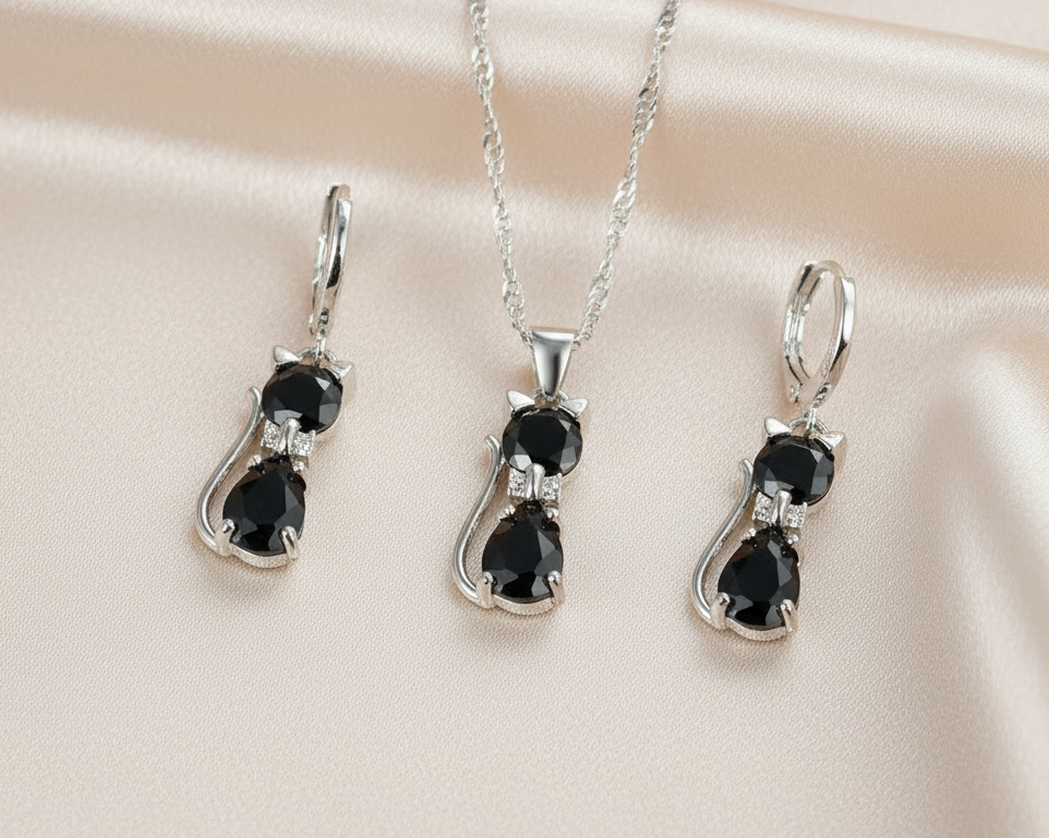 Schmuckset Katze 925 Silber schwarze Zirkonia