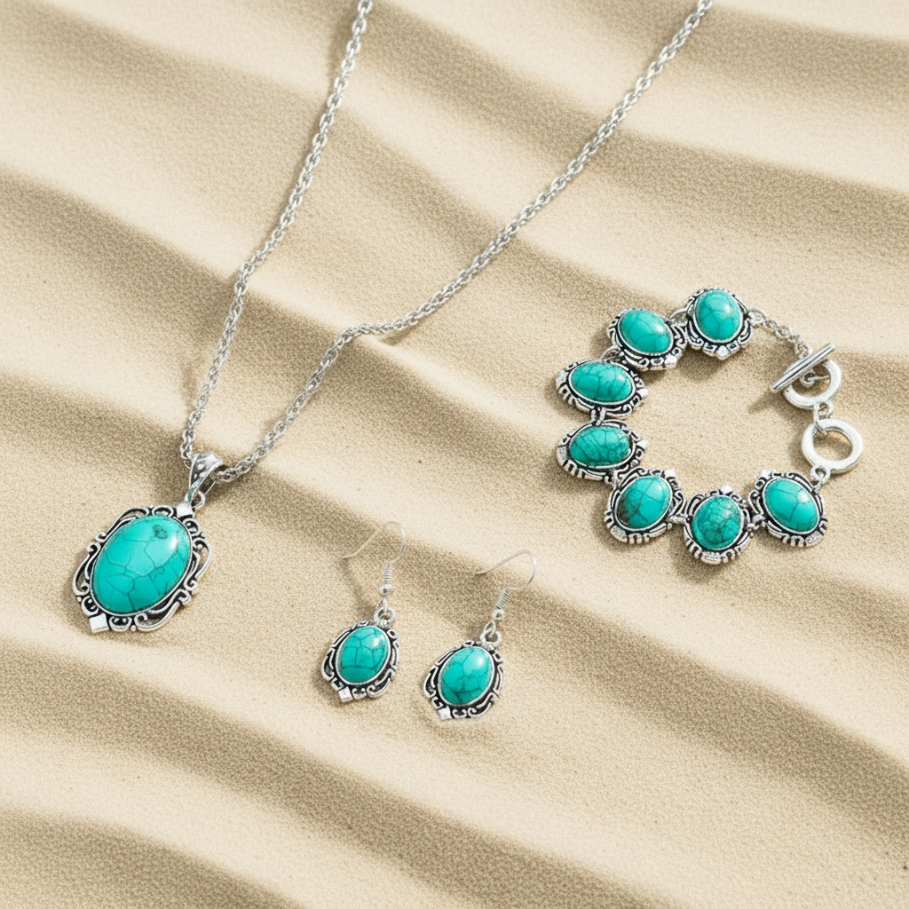 Schmuckset Türkis Boho silberfarben