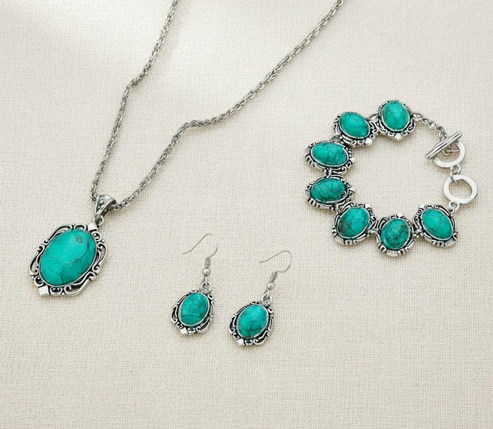 Schmuckset Türkis Boho silberfarben