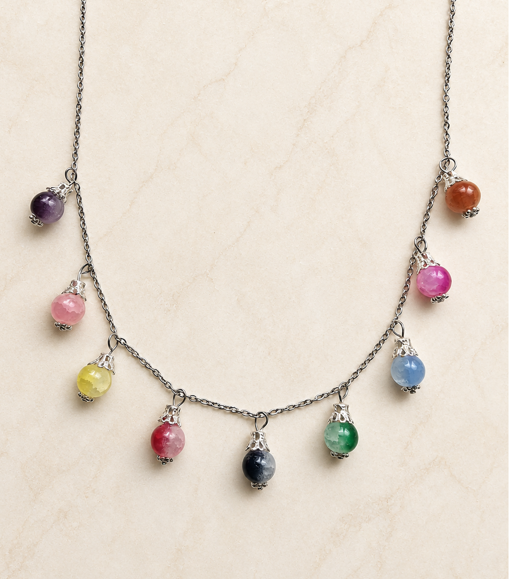 Charm-Kette 9 bunte Glasperlen silberfarben handgefertigt