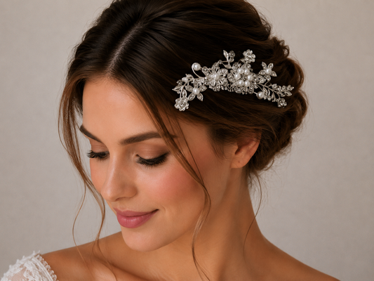 Brautschmuck Haarkamm mit Strass-Blüten und Perlen