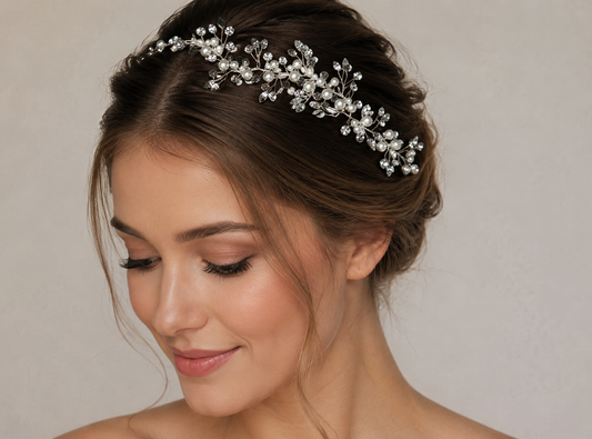 Braut Kopfschmuck Perlen Strass silberfarben