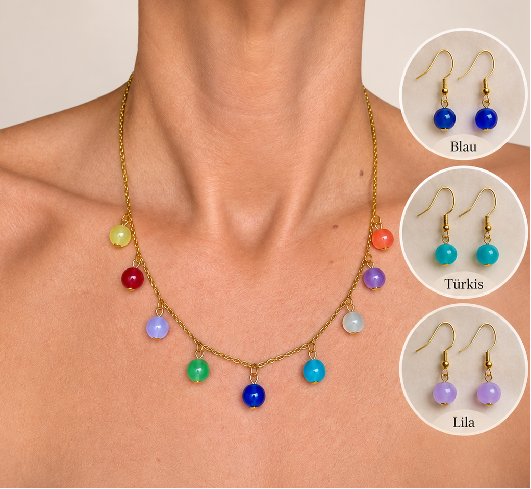 Schmuckset bunte Glasperlen Charm-Kette goldfarben handgefertigt