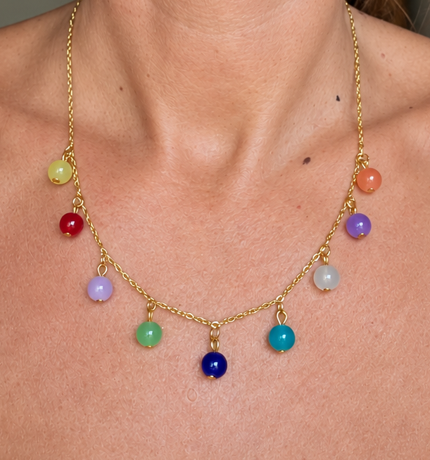 Schmuckset bunte Glasperlen Charm-Kette goldfarben handgefertigt