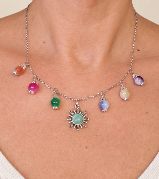 Charm-Kette Sonne Türkis bunte Glasperlen silberfarben handgefertigt